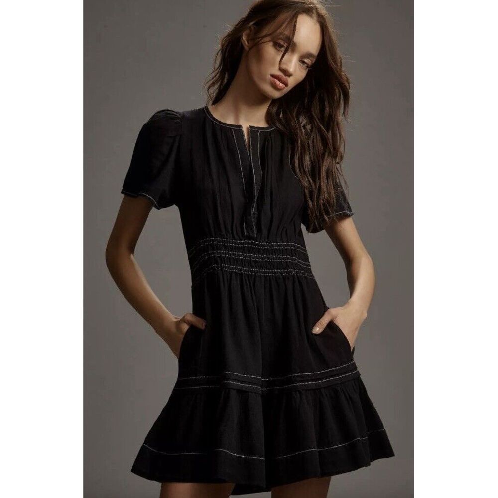 Anthropologie Somerset Tiered Flutter Sleeve Dark Denim Mini Dress Large